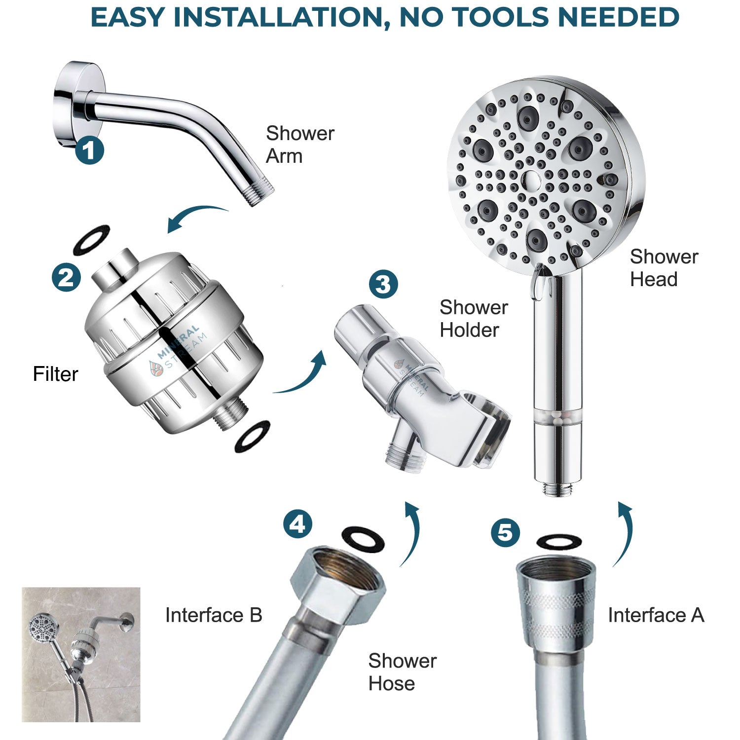 Luxe 9 Mode Showerhead täydellinen suihkusarja